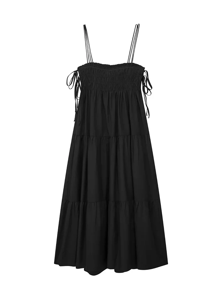 TRAF 2023 Summer New Women's Wear Black Suspender Long Skirt Ruffle Loose Bow Ruffle Beach Skirt Backless Sexy Dress