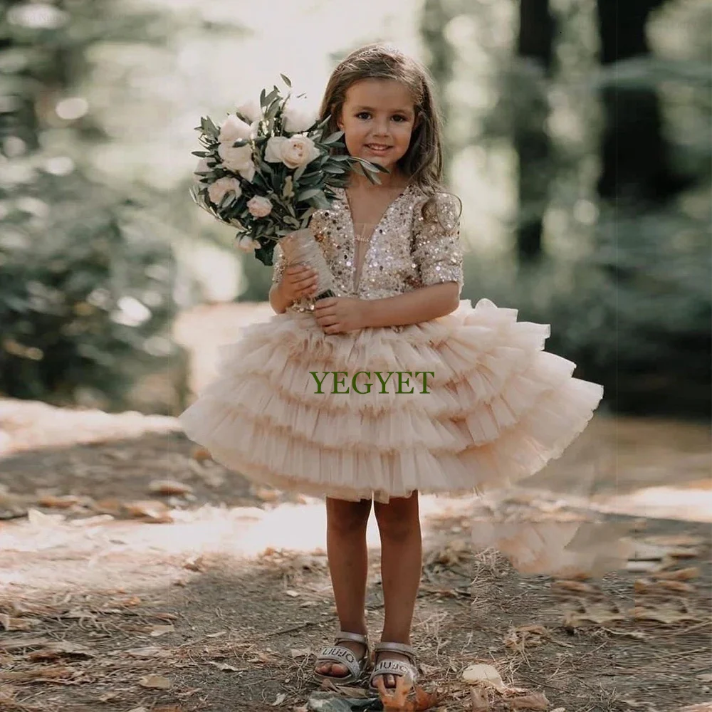 

Gold Sequined Flower Girls Dresses for Kids 2024 Summer New Full Sleeve Wedding Party Dresses Tiered Knee Length فلور فتاة اللبا