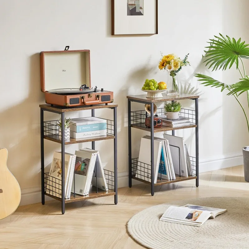 Retro 3-Tier Vinyl Record Player Stand, Burnt Wood CD Storage Shelf, Simple Audio Rack for Living Room