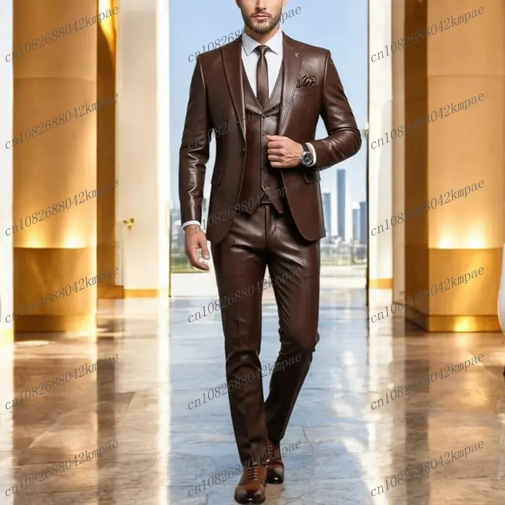 

New Brown Satin Men Suit Formal Groom Groomsman Wedding Party Prom Male Business Tuxedos 3 Piece Set Blazer Vest Pants