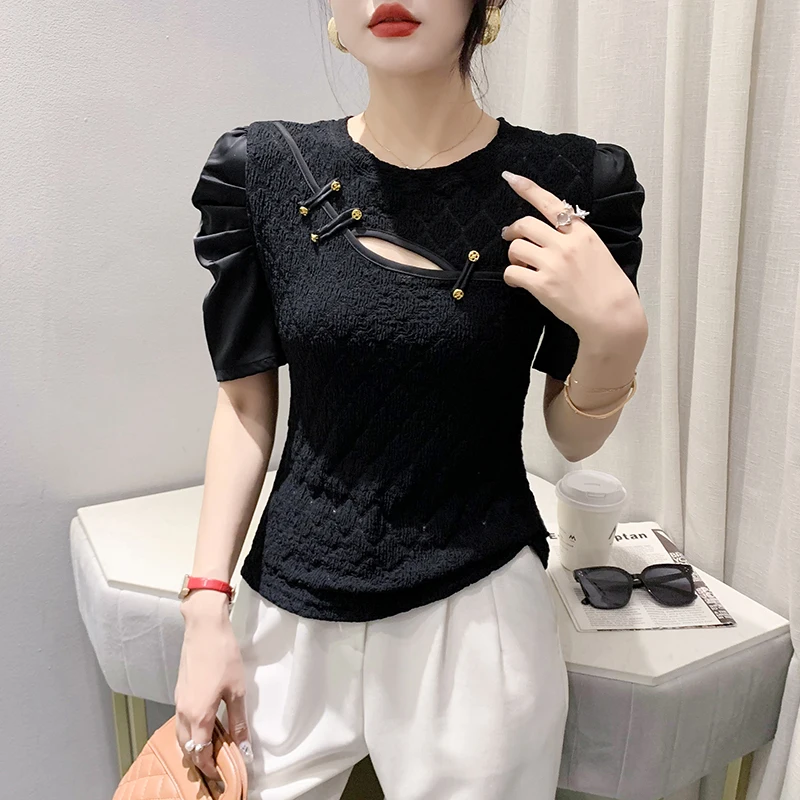 

2023 New Summer Vintage Clothes T-Shirt Chic Sexy O-Neck Hollow Out Button Elegant Women's Tops Patchwork Puff Sleeve Tees 34132