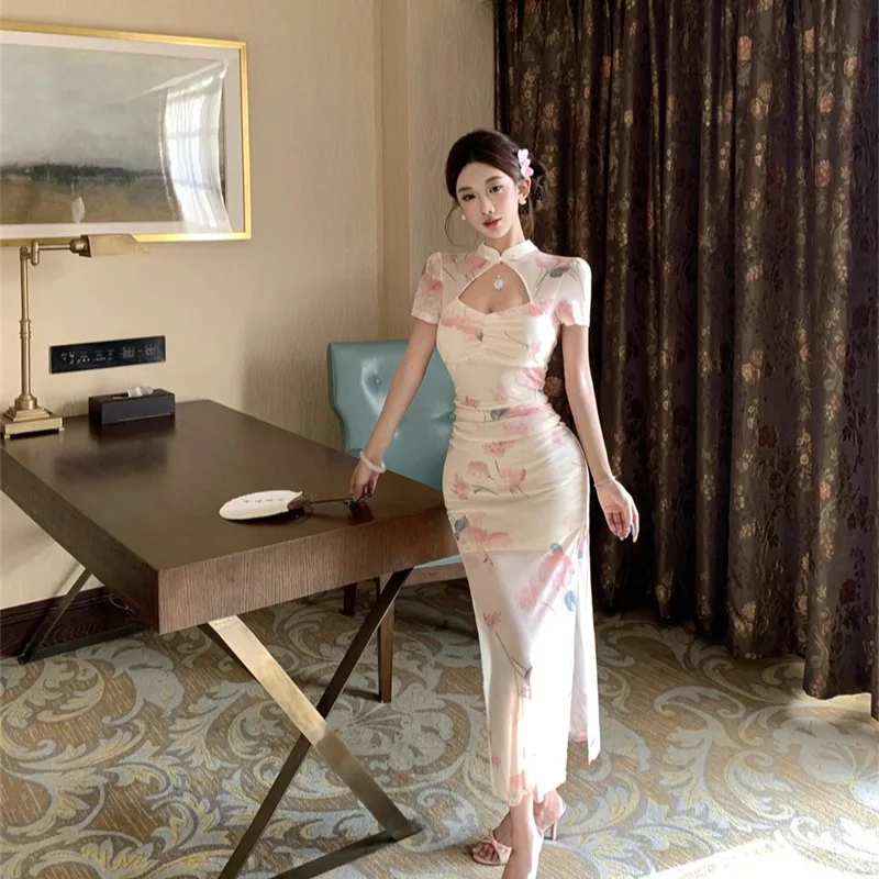 セクシーなヴィンテージ風改良旗袍ドレス、スリット入り、ミドル丈、中国風、中秋・冬の新作、レディースファッションドレス