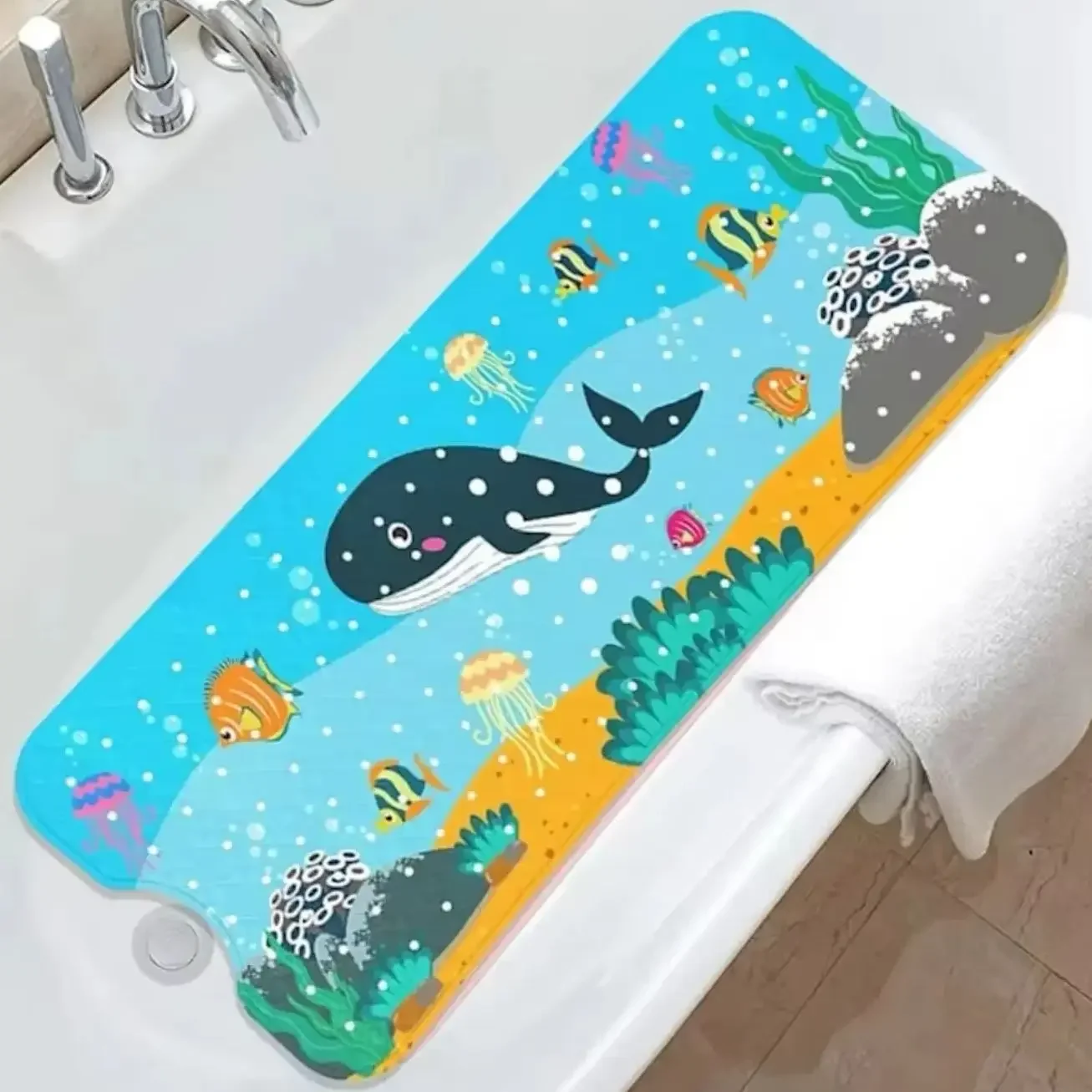 1 Stück rutschfeste Badewannenmatten, 40 x 100 cm Cartoon-Ozean-Badematten mit Saugnäpfen und Dran-Löchern, PVC-Duschmatten, Badteppiche, schnell trocknend