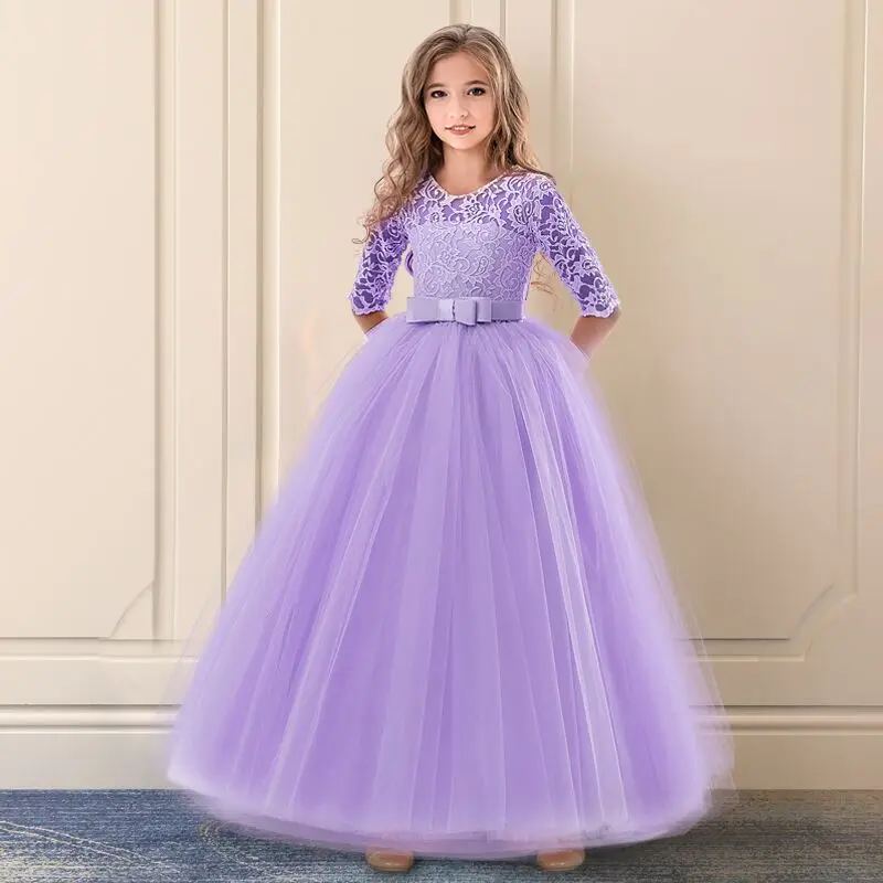 Vintage Flower Girl Princess Dress For Weddings Summer Kid Formal Bow Long Gown For School Evening Party Children New Year Cloth