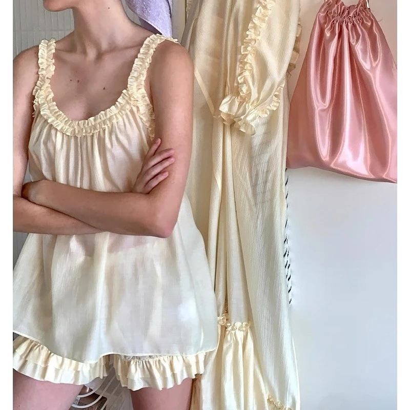 

Womens 2Pieces Summer Pajamas Set Y2k Frill Trim Loose Sleeveless Sheer Tops with Ruffle Layered Blommer Shorts Sleep Loungewear