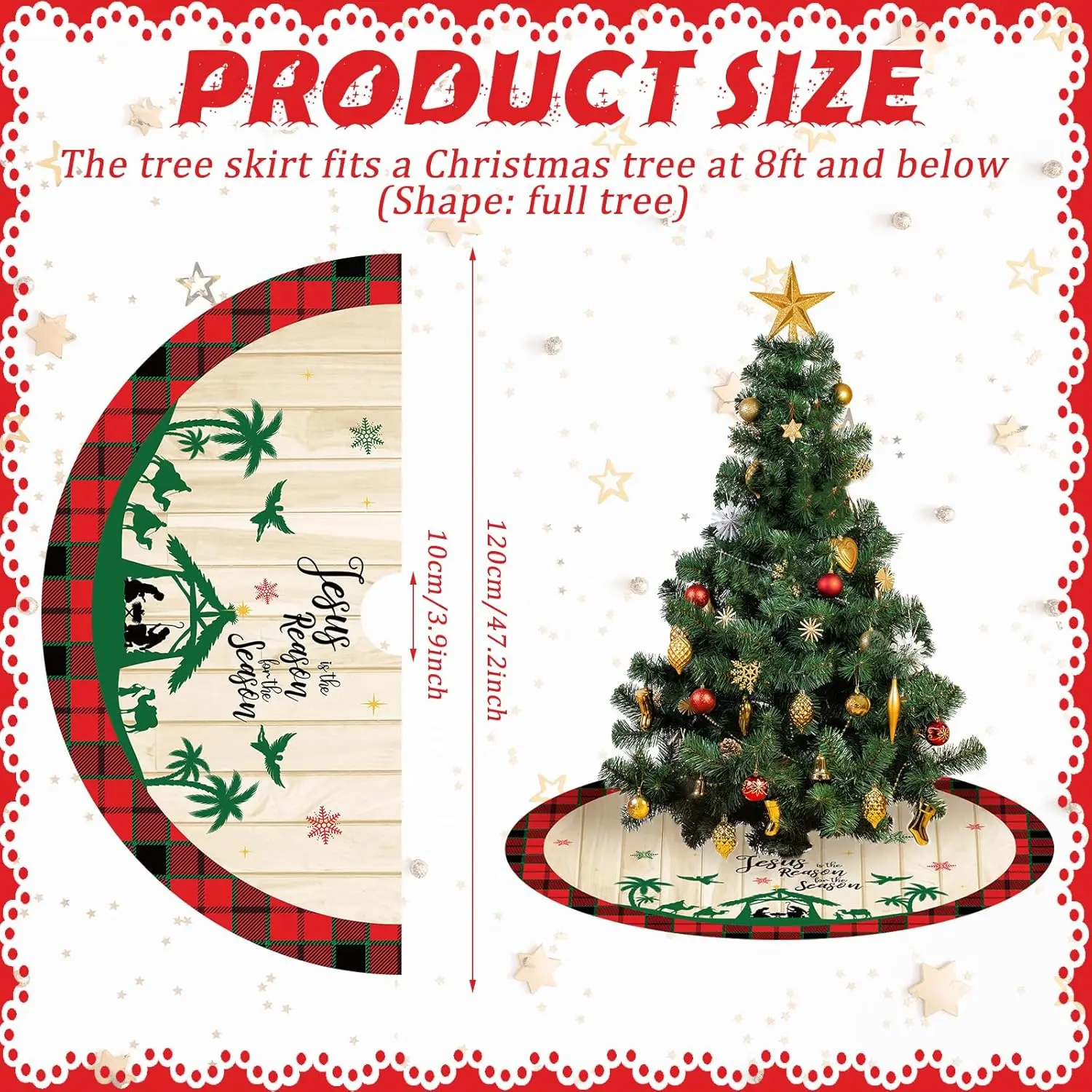 Christmas Tree Skirt 48 Inch Red and Black Plaid Buffalo Checked Tree Skirt Nativity Scene Xmas Tree Skirt Rustic Vintag