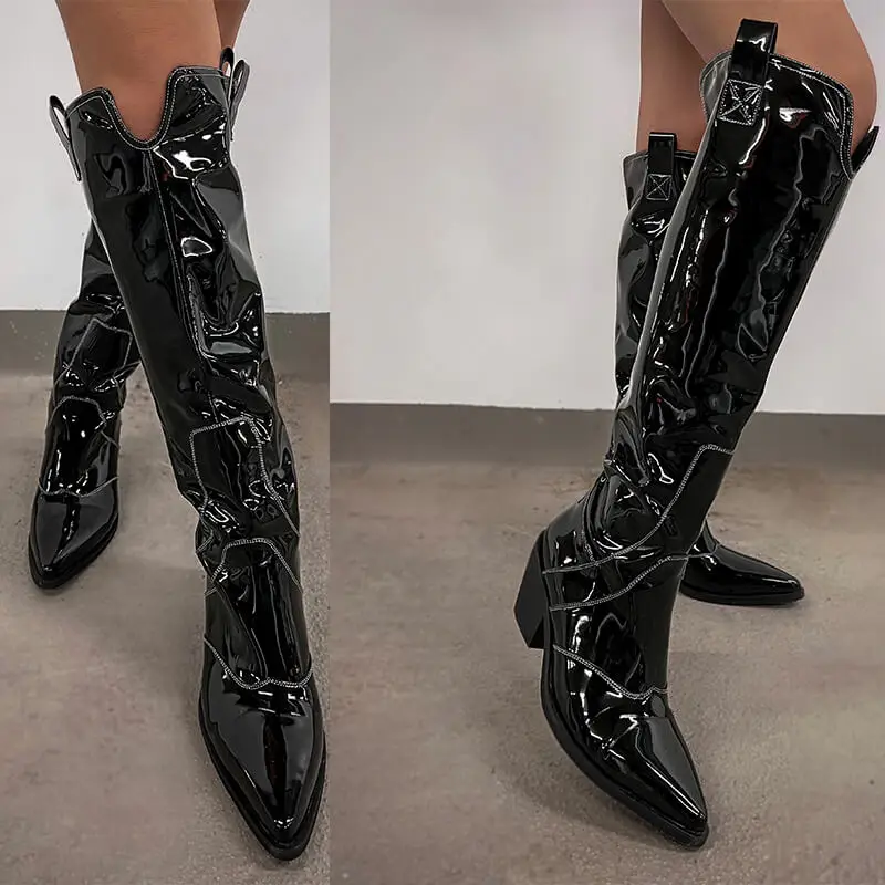 Onlymaker Black Knee High Boots  Women Western Cowboy Boots Wide Calf Embroidered Pointed Toe Block Heel Pull-On Cowgirl Booties