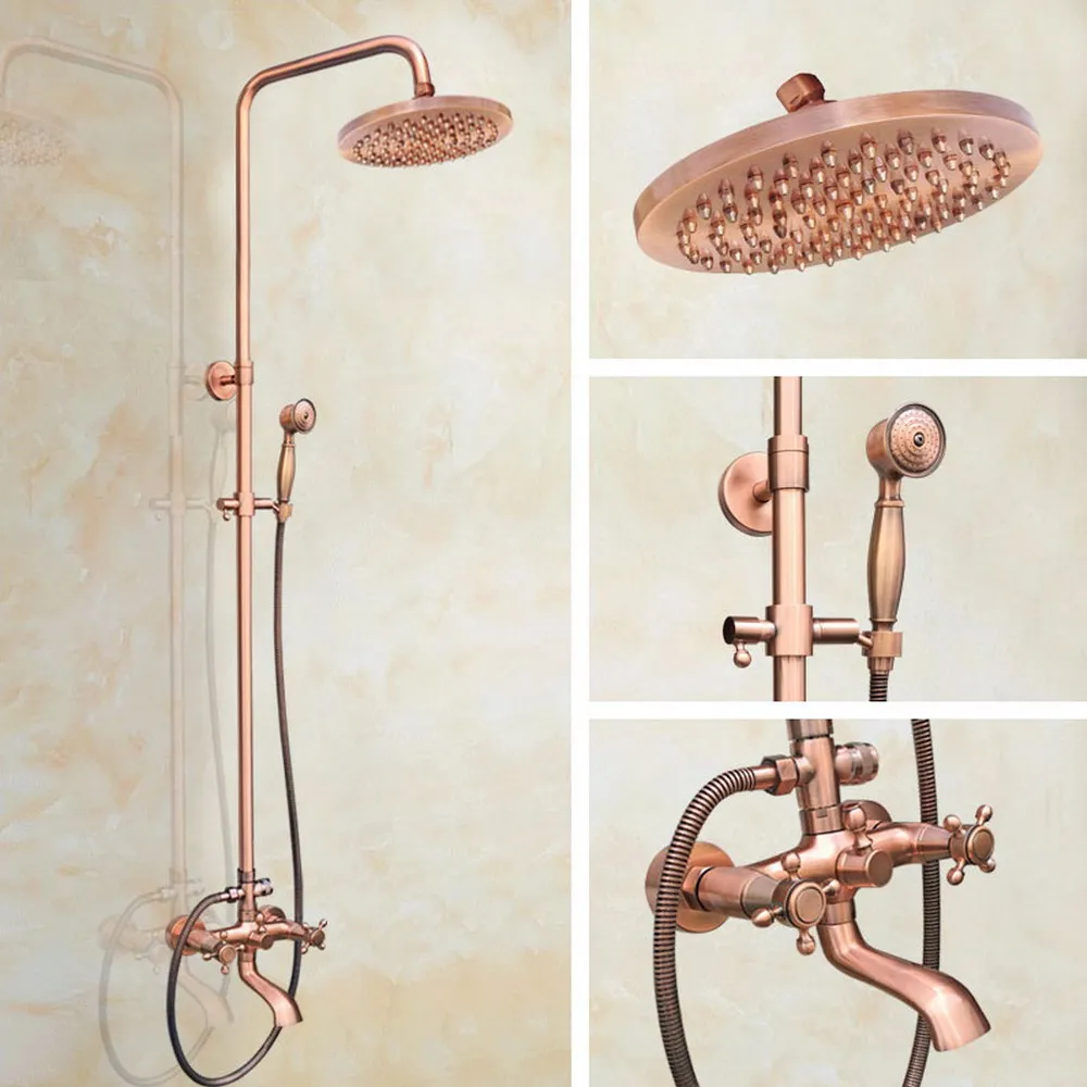 

Antique Red Copper Wall Mount Rain Shower System Hand Shower Head Set Bathtub Dual Cross Handles Tap arg513