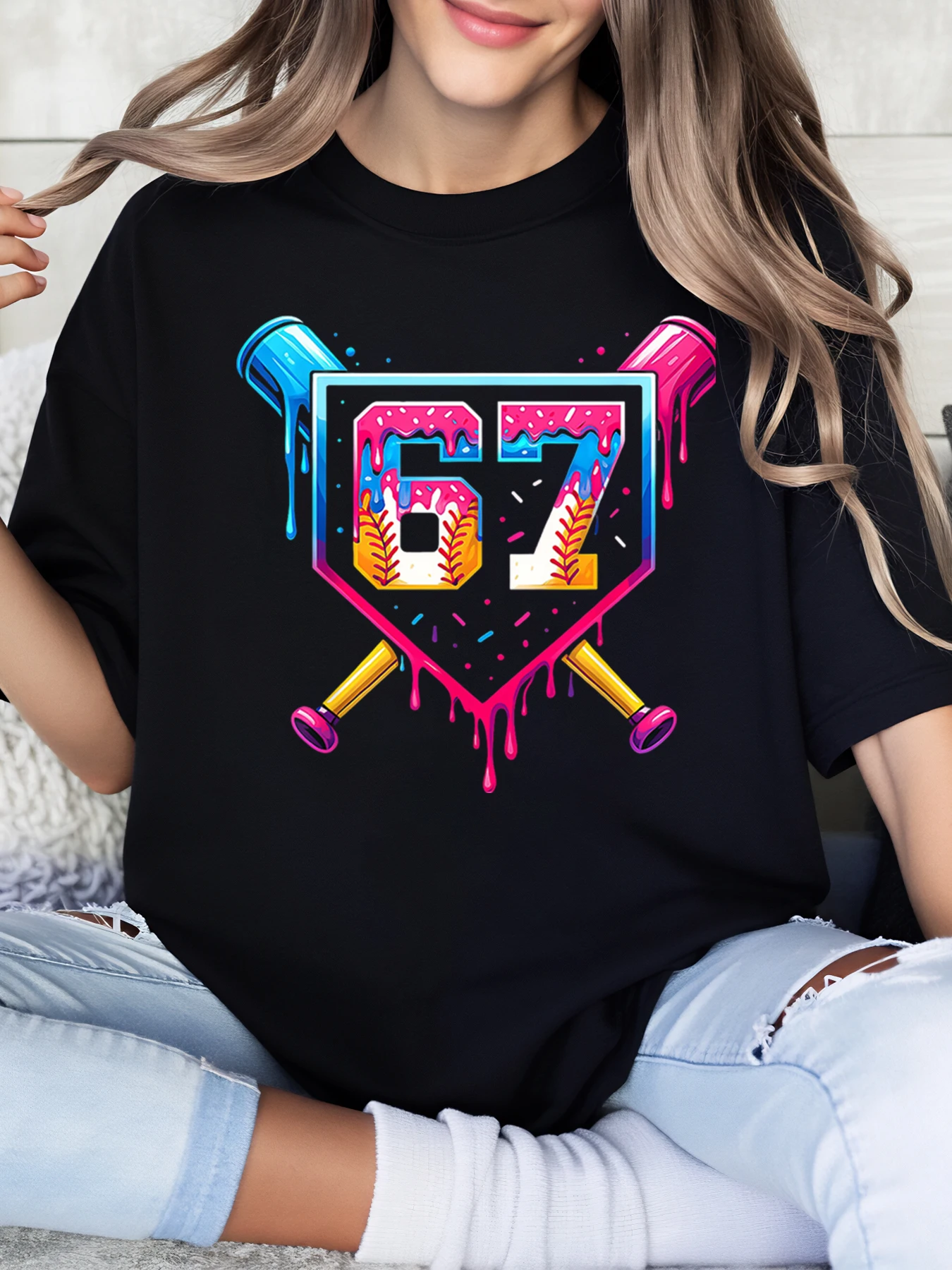 

Baseball 67 Dripping Color Design Birthday Gift T-Shirt Women Casual Wear Party Outfit Black Plus-Size