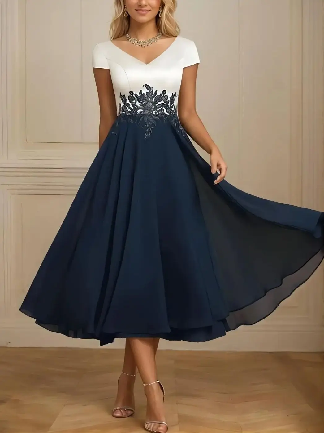 

Elegant A-Line Mother of the Bride Dress Short Sleeve V-Neck Chiffon Tea-Length Applique Wedding Guest Gown 2025 free customized
