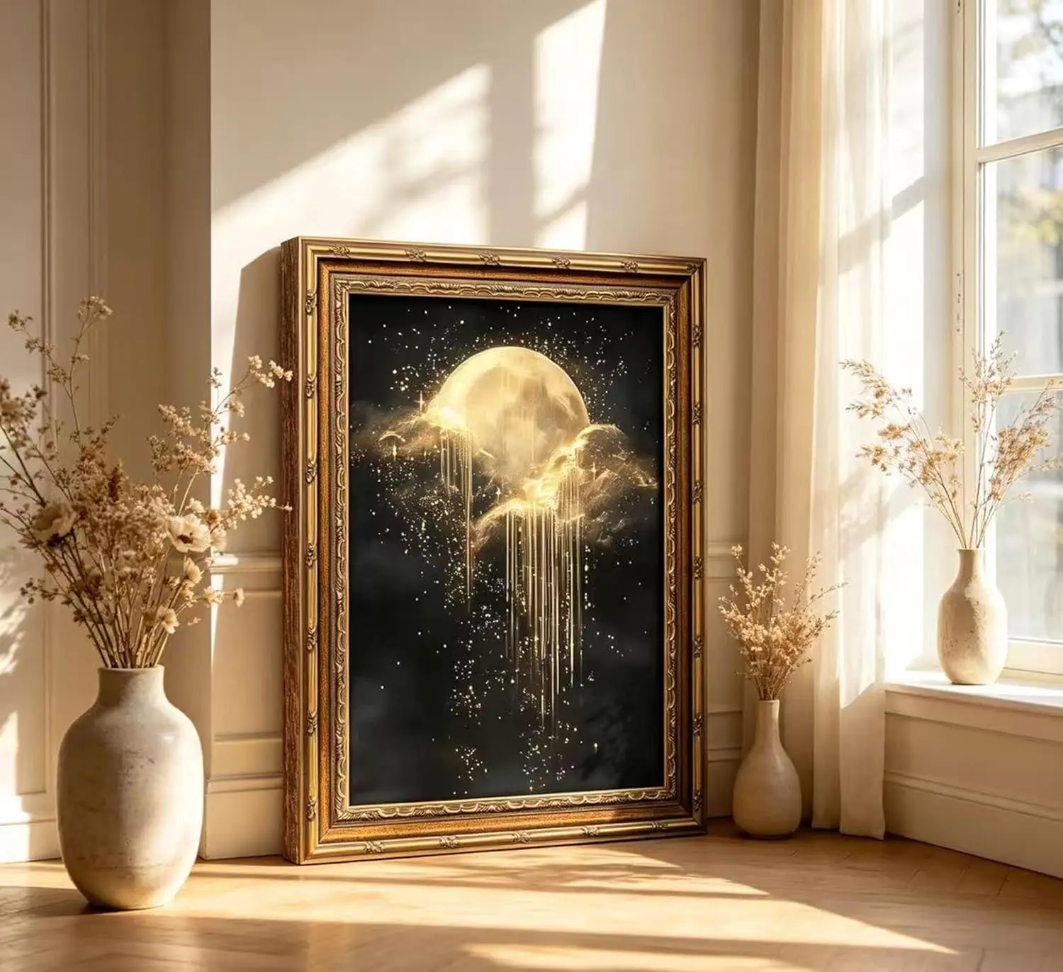 Antique Framed Celestial Canvas Wall Art Golden Moon Starry Sky Canvas Painting Retro Dark Home Bedroom Wall Decoration - view 6