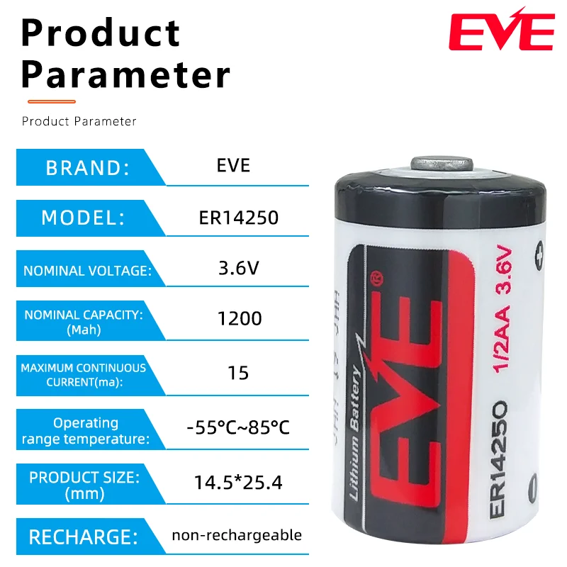 EVE ER14250 3.6V 1200mAh 1/2AA Li-SOCl2 Battery for Smart Meter PLC Alarm Memory Backup Replaces LS14250