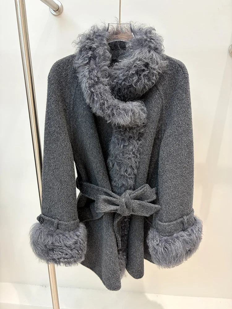 Winter Women Real Natural Sheep Lamb Fur Collar Coat Cashmere Wool Woolen Jacket Ladies Casual Outwear Female Belt Coat