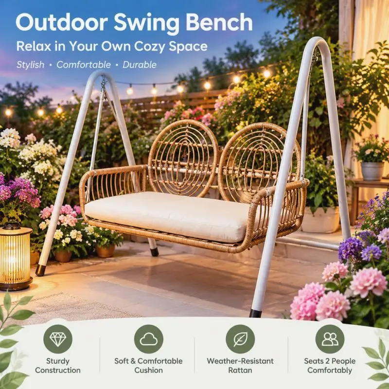 Foldable Outdoor Swing Chair Garden Hammock Seat Space Saving 2 Person Rattan Style for Balcony Patio Kids Adults
