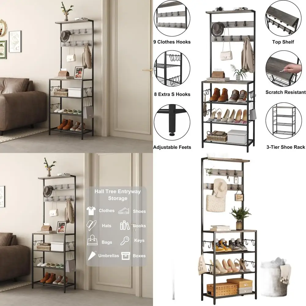 

5-Tier Shoe Rack with 9 Hooks, Freestanding Entryway Organizer, Grey