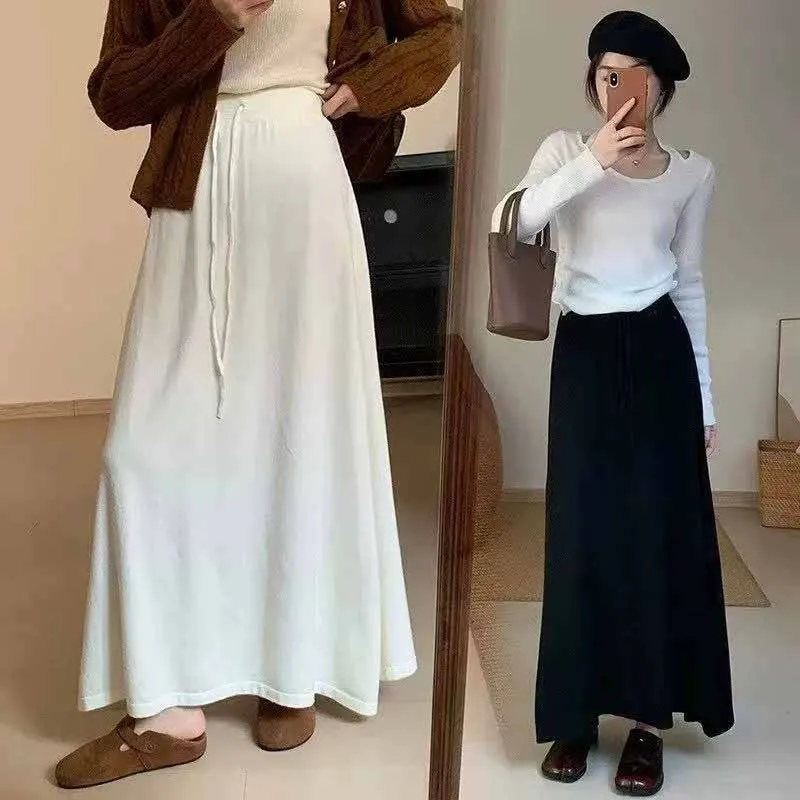 

Autumn Winter Simple Temperament Knitted Skirts Women Elegant Loose Lazy Style Maxi Skirt Female Versatile Solid A-Line Skirts