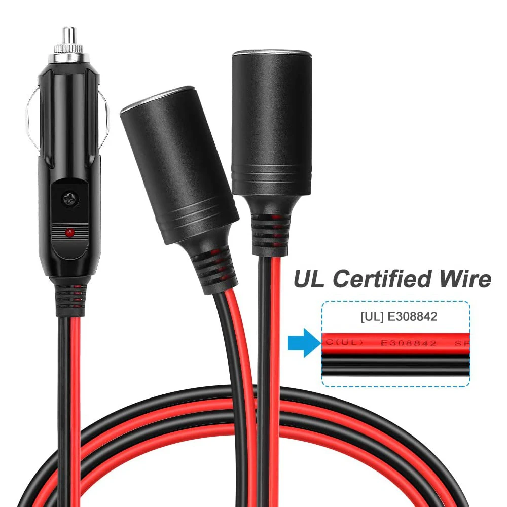 Bloopow 1.8M 16AWG Cigarette Lighter Extension Cord Cable 1 to 2 DC 12V  Cigarette Lighter Power Charger Port Splitter Adapter
