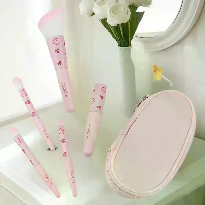 5pcs Cute Compact Makeup Brush Set With Case Premium Brush For Flawless Foundation, Blush, Eyeshadow Application Beauty Tools