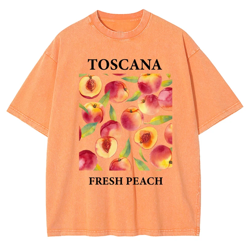 Toscana الطازجة الخوخ الفواكه طباعة المرأة غسلها تي شيرت القطن الهيب هوب تي شيرت عادية Y2K ملابس رياضية الصيف الملابس كبيرة الحجم