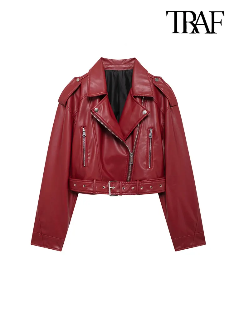 TRAF-Faux Leather Moto & Biker Jacket for Women, Long Sleeve Coat, Front Zipper, Female Outerwear, Chic Tops, Fashion