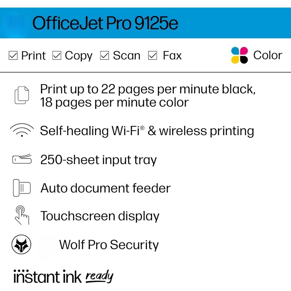 OfficeJet Pro 9125e All-in-One Printer, Color, Printer-for-Small Medium Business, Print, Copy, scan, fax,Touchscreen