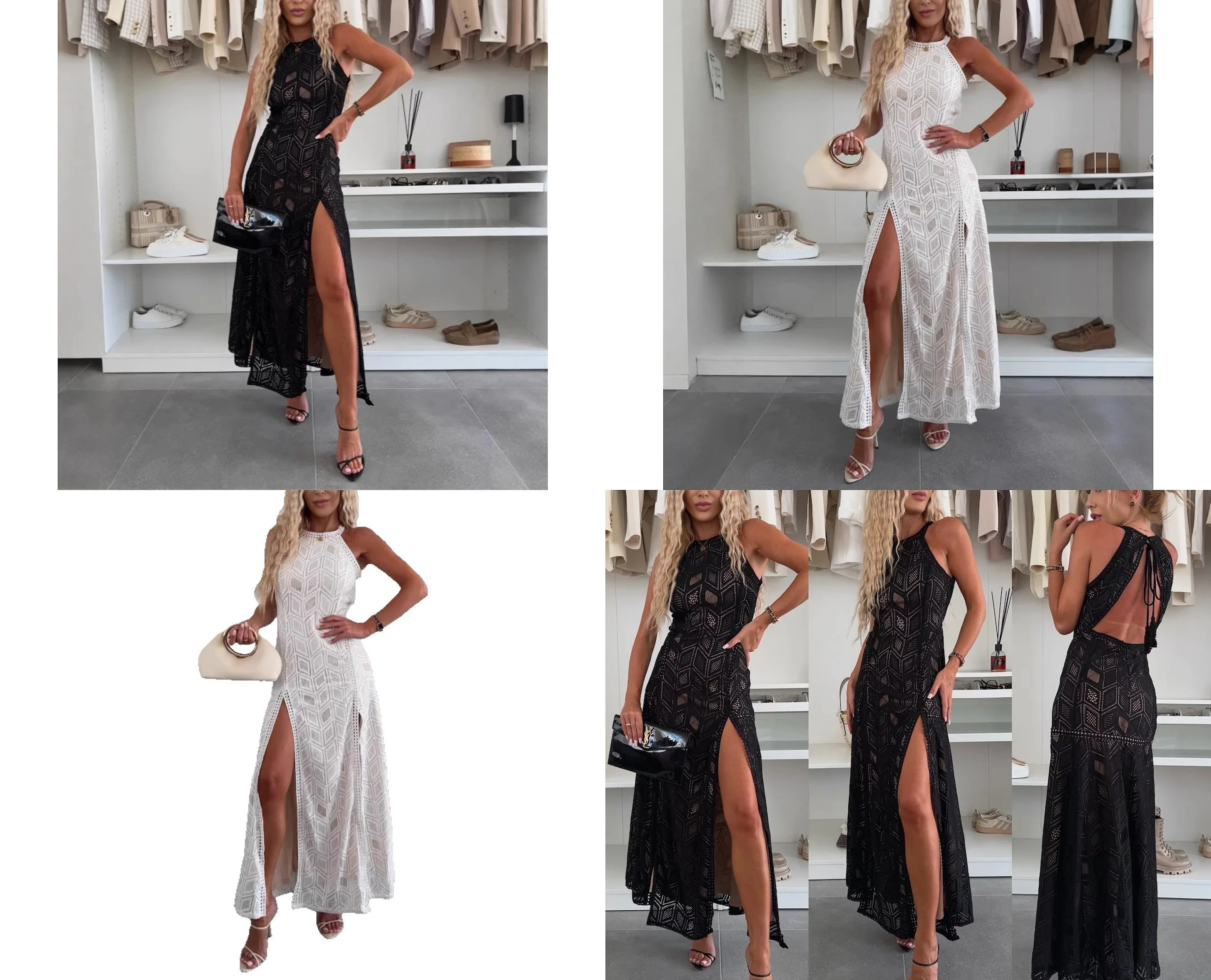 

Sexy Backless Lace Maxi Dress Summer Hollow Out Sling Dresses Beach Party Evening Gown