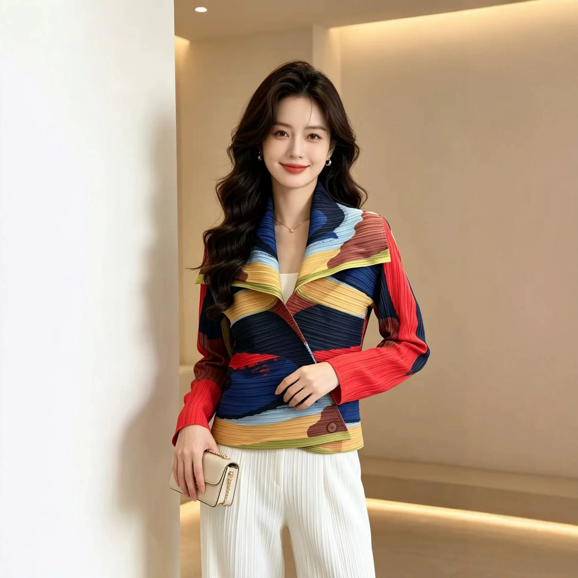 Miyake Cartoon Print Pleated Shirt Women Lapel Long Sleeve Single Breasted Top Fashion Cardigan 2026 New Clothing