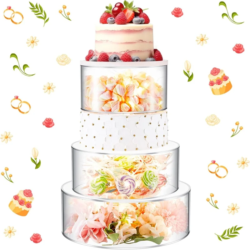 ABGH-Clear Fillable Acrylic Cake Stand 3Pcs Set With LED Lights 6, 8, 10 Inch Round 3 Tier Riser Case Cylinder Box