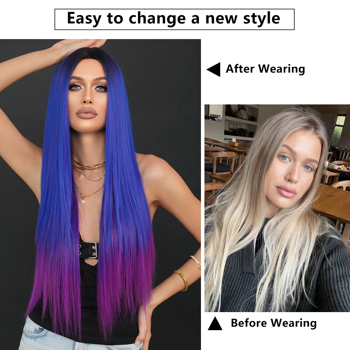 NAMM Synthetic Long Straight Wigs For Women Blue purple gradient Daily Party Use Dark Roots High Density Layered Hair Wigs