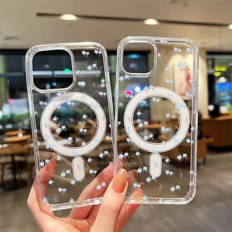 Clear Magnetic Phone Case For MagSafe Tiny Floral Print Cover For iPhone 17 16 15 14 13 12 11 Pro XS Max XR Plus Min Air 16e 17e