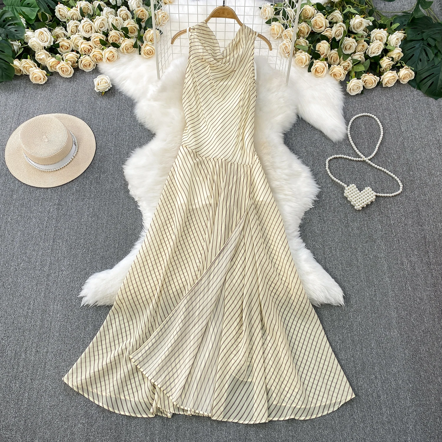 

Elegant Sexy swinging collar striped Slip Dress Fairy A-line Summer Beach Vacation Slim Women Long dress Evening Party Dress