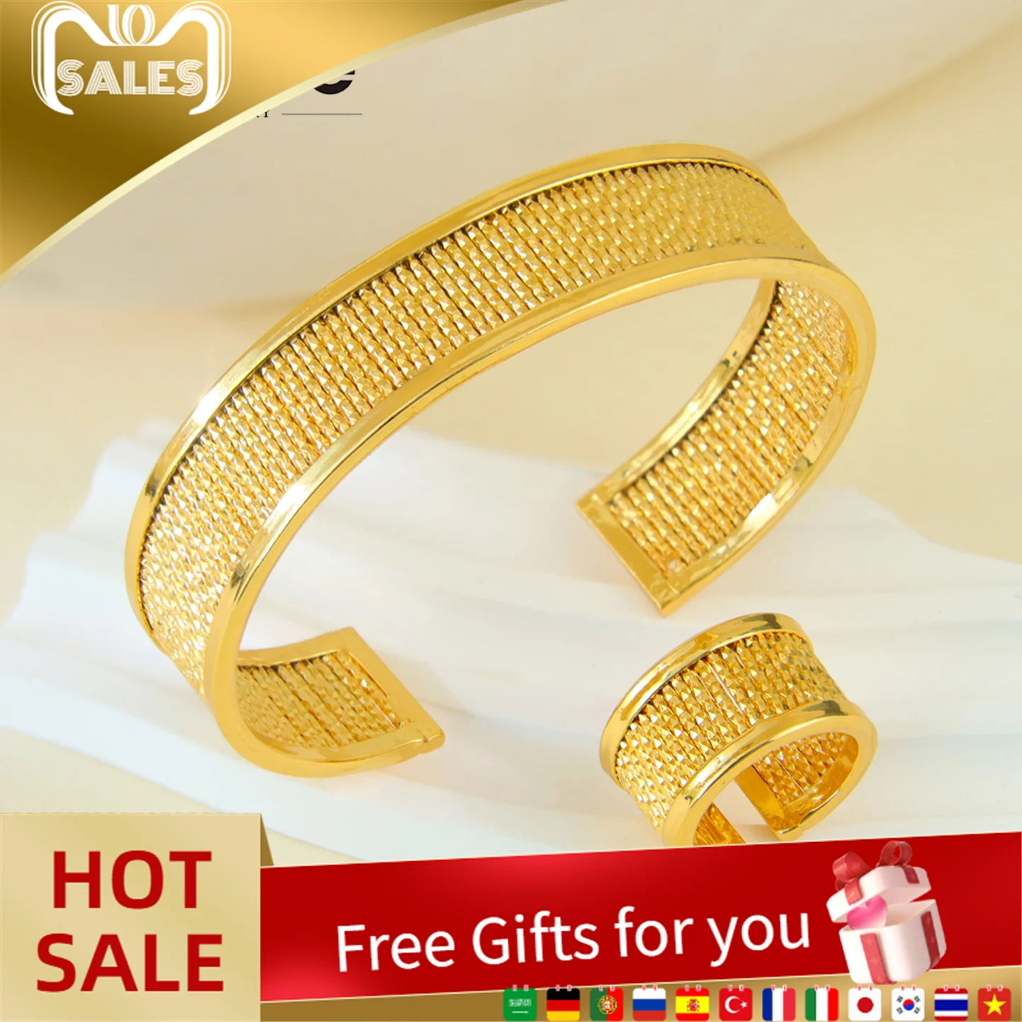 

Turkish Vintage Wedding Jewelry Bracelet Ring Set 24k Gold Plated Saudi Bridal Opening Bangles Dubai Women Party Jewelrys