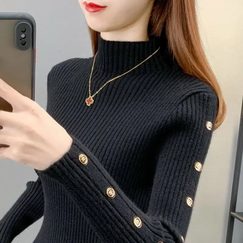 Fashion Turtleneck Button Solid Color All-match Sweater Women\'s Clothing 2022 Autumn New Casual Pullovers Loose Korean Tops