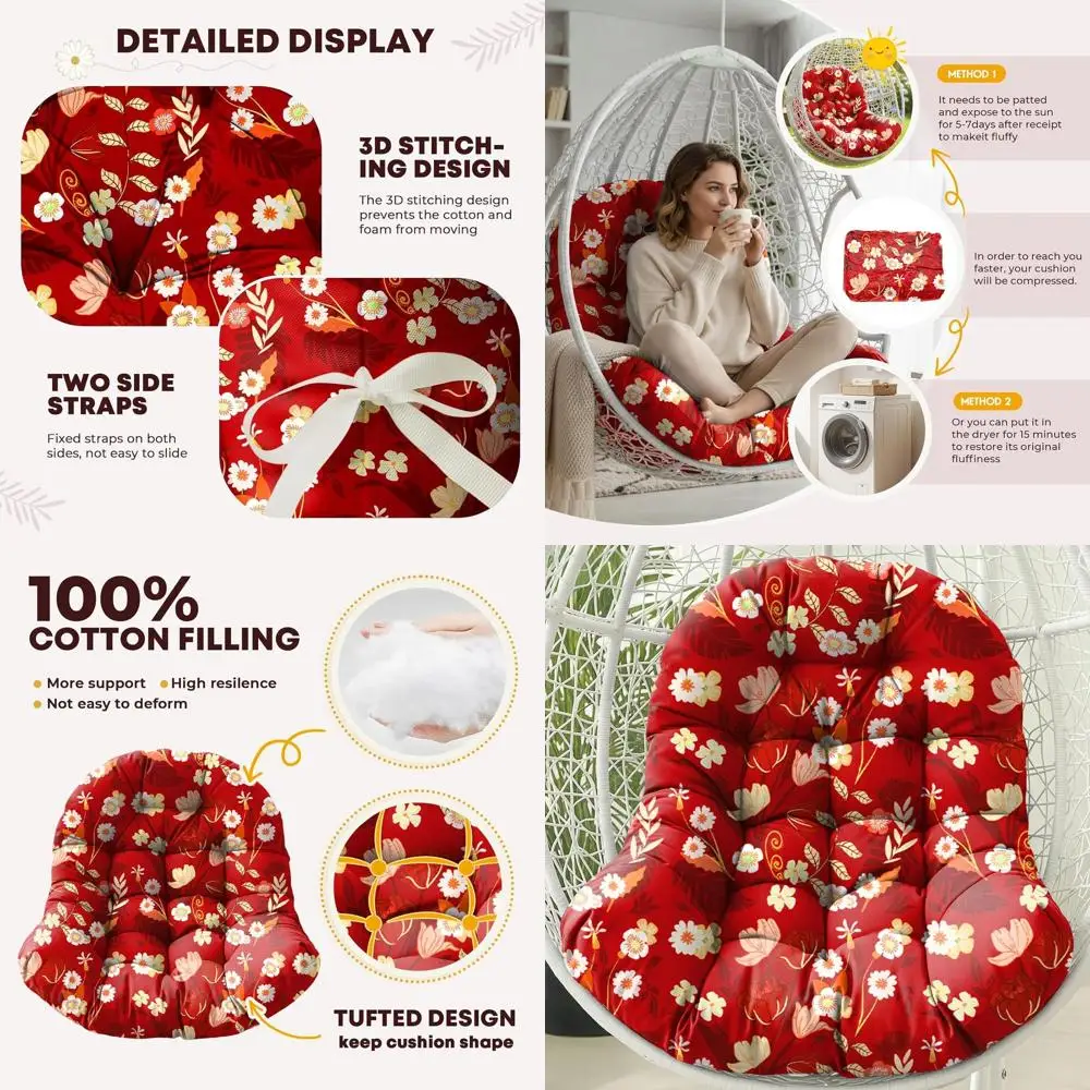

Red Peony Pattern Waterproof Outdoor Hanging Egg Chair Cushion, 47x35x7 Inches Thick with Ties