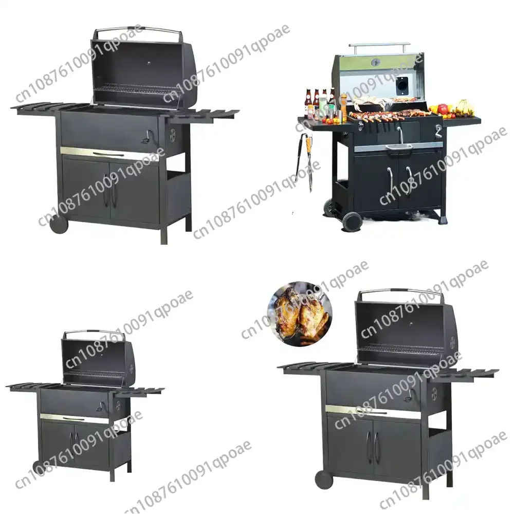 XEOLEO for Commercial Outdoor Charcoal BBQ Grill Trolley Portable Cast Iron Barbecue Grid Smoker with Rotisserie and Storage