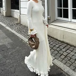 Talenza White Knitted Ruffle Long Dress Women's Elegant O-Neck Long Sleeve Evening Gown Slim Backless Bandage Long Dress Robe