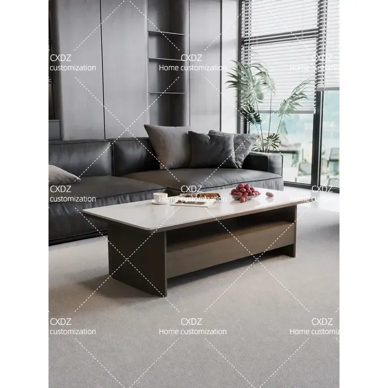 Modern Simple White Rectangular Coffee Table with Storage Wooden Tea Table Rock Slab Top for Living Room Small Apartment High