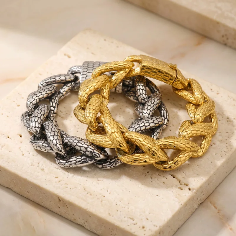 Kalen Schlangenhaut Cuban Link Herrenarmband Punk Schwerer Edelstahl Motorrad-Schmuck Vintage Metall-Accessoire Geschenk Wasserdicht – Detail 3