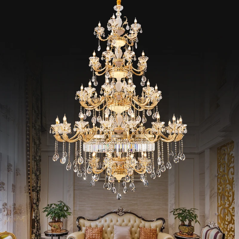 French Vintage Hotel Staircase Crystal Big Chandelier European Luxury Brass Villa Duplex Living Room Pendant Light