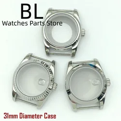 BLIGER 31mm Watch Case Silver Stainless Steel Round Fluetd Polished Bezel Sapphire Glass Fit NH05 Movements Women's Watch Parts