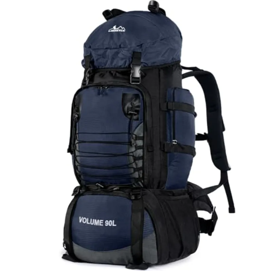 90L Hiking Backpack with Rain Cover, Waterproof Camping Backpack with Shoes Warehouse for Men Women, Frameless Blue