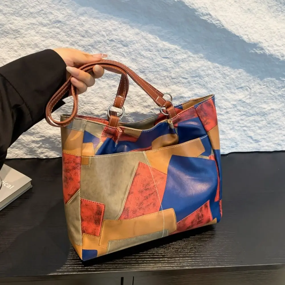 Contrastante Cor Bolsas de Ombro para Mulheres, emenda Crossbody Bolsas PU Tote Bolsas, Bolsas axilas, Grade, cor sólida, Presente