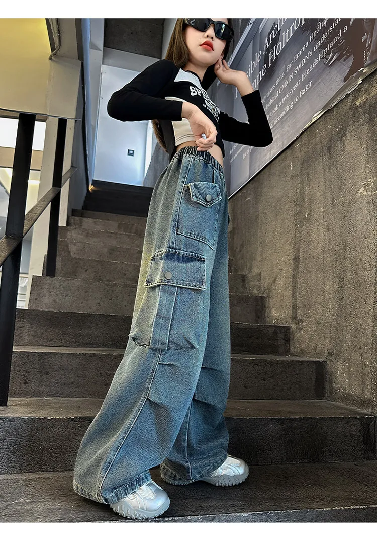 Mädchen Frühling Herbst Cargo Weite Bein Jeans 4-14 Jahre Kinder Elastische Hohe Taille Multi-Taschen Lose Freizeithose – Detail 9