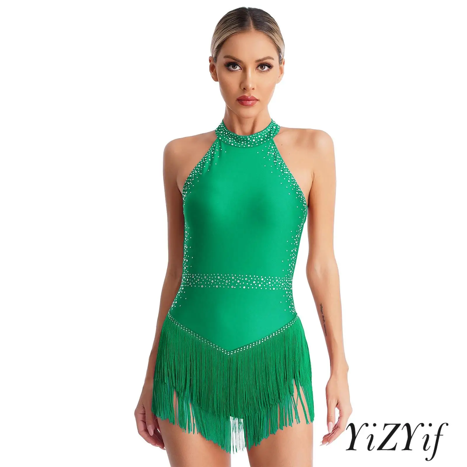 

Women's Shiny Rhinestones Decor Samba Jazz Dance Costume Tassel Leotard Fringe Bodysuit for Ballroom Latin Tango Salsa Cha-Cha