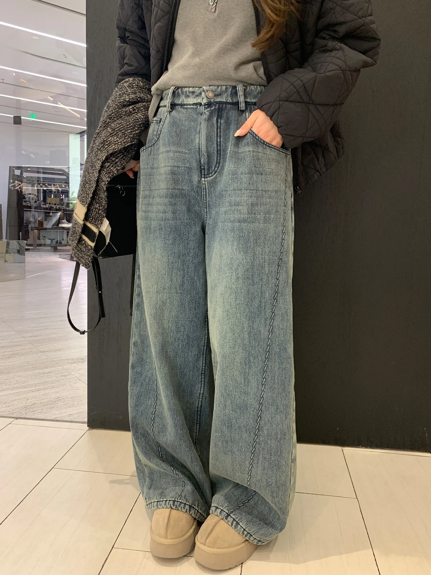 

NAZ plus Size Winter Plaid Washed American Style Slim Wide Leg Fleece Lined Denim Jeans for plus Size Women Vintage Wide Leg ...