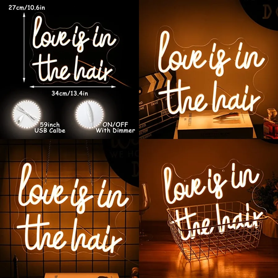 

"Love is in the Hair" Neon Sign Letter Neon Light Hair LED Sign White LED Neon Light for Barbers Beauty Salon Store Decoration