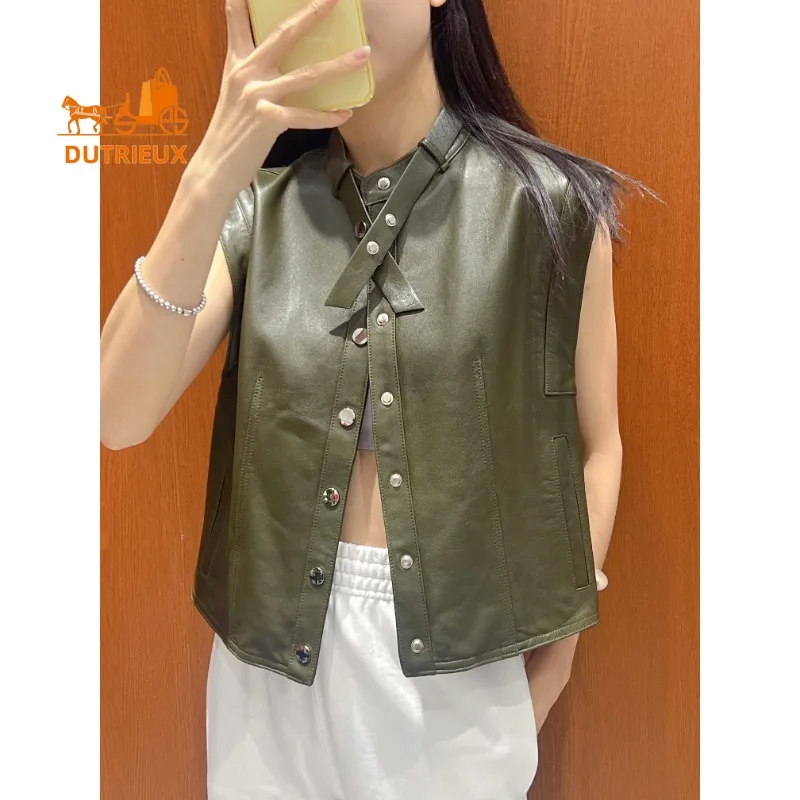 Autumn Women's Small Stand-up Collar Pocket Real Leather Vest, 100% Genuine Sheepskin Dignified Noble Intellectual Gentle Coat