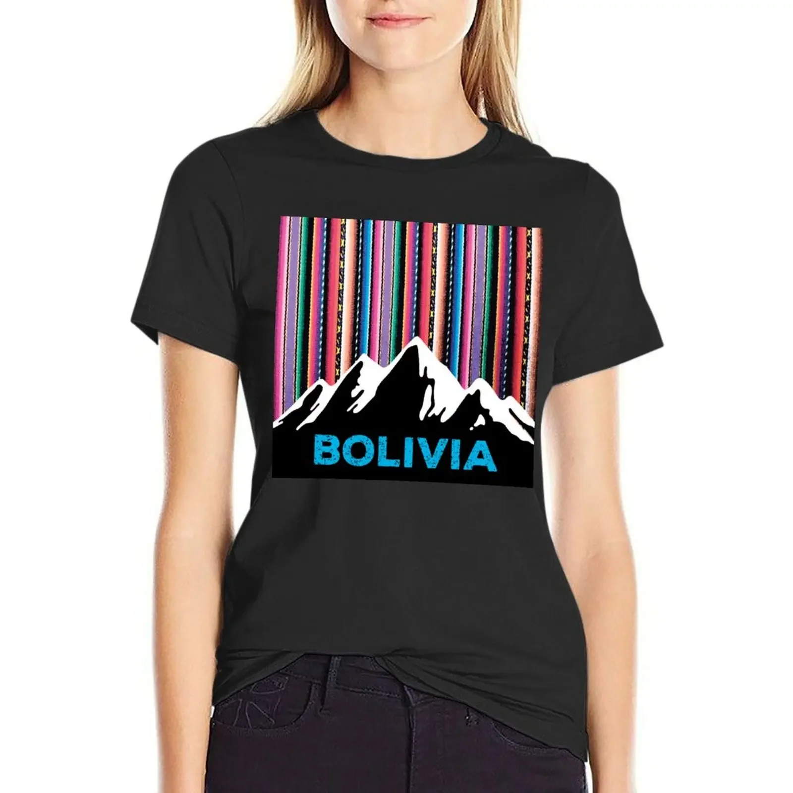

Andean Bolivian mountains and colorful aguayo sky T-Shirt vintage female Female clothing Women's tee shirt