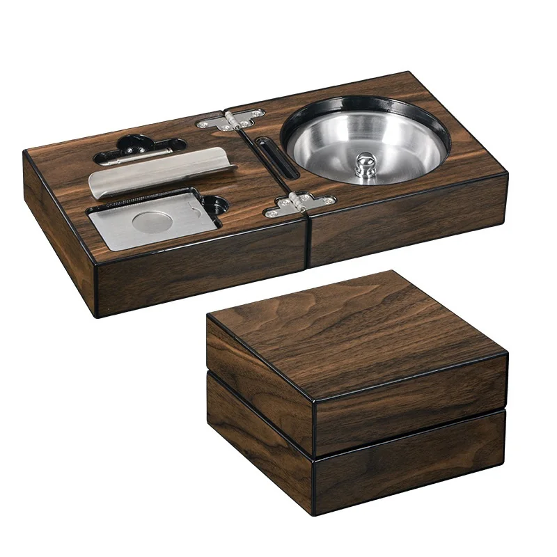 Foldable Cigar Ashtray Ash Tray Cigar Cutter Knife Cigar Holder Walnut Wood Cigar Puncher Cigar Hole Opener Cigar Tool Box Set