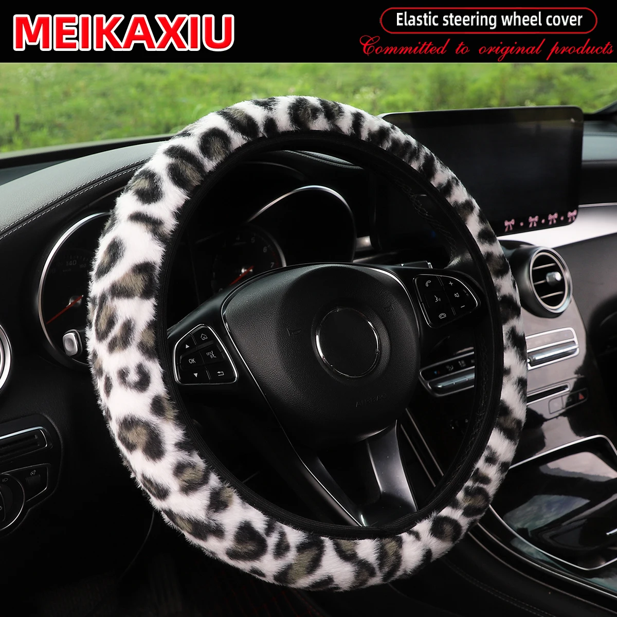 غطاء عجلة قيادة بدون إطار من فراء الأرانب الاصطناعي المريح والناعم مطبوع عليه يد دافئة وقصيرة من القطيفة للسيارة بدون إطار #5